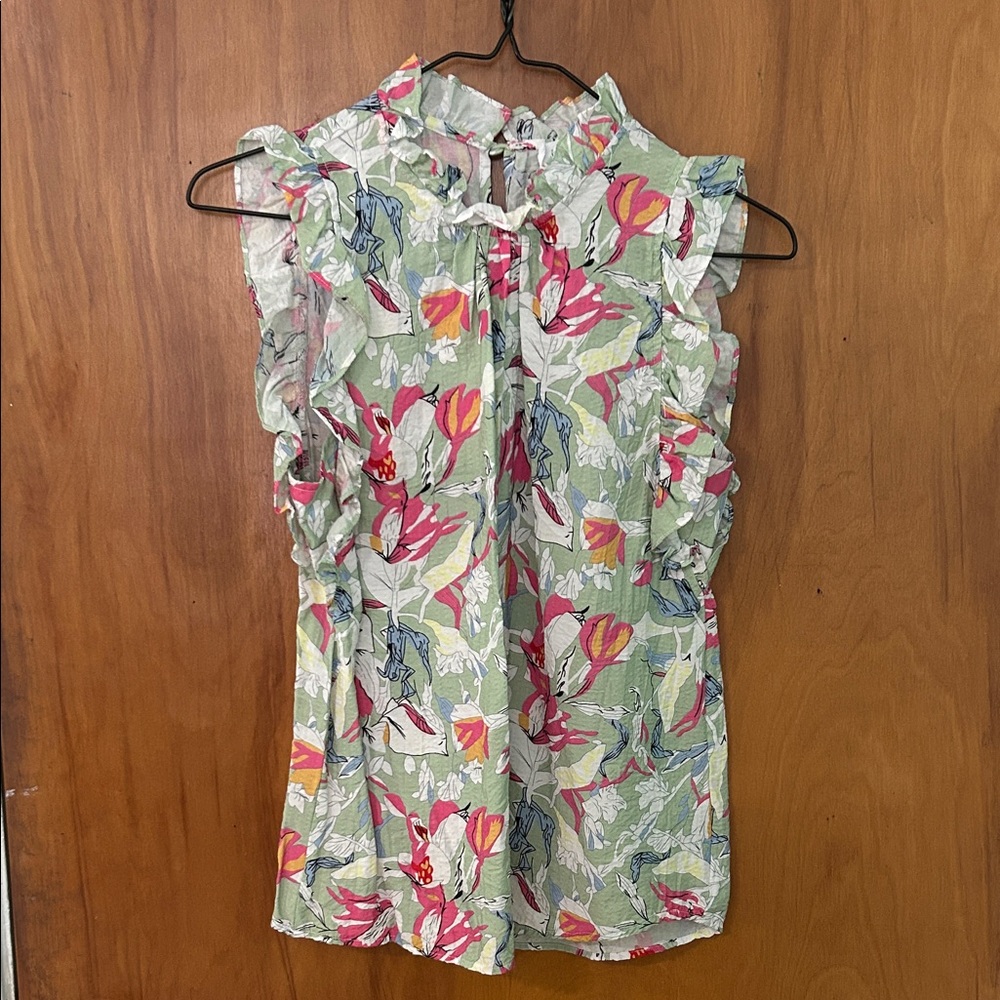 Boutique Floral Ruffle Blouse - Green and Pink, like new condition, size XS